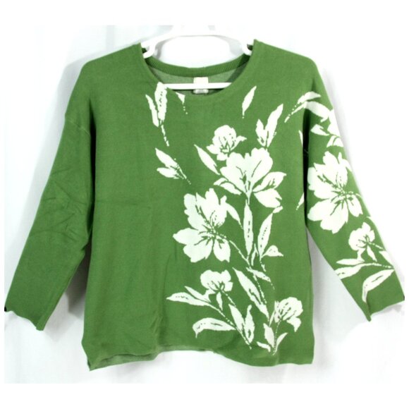 Joie Bold Floral Back Button Green Fine Knit Sweater Top Tunic 1X Fall Whimsy - Picture 1 of 6